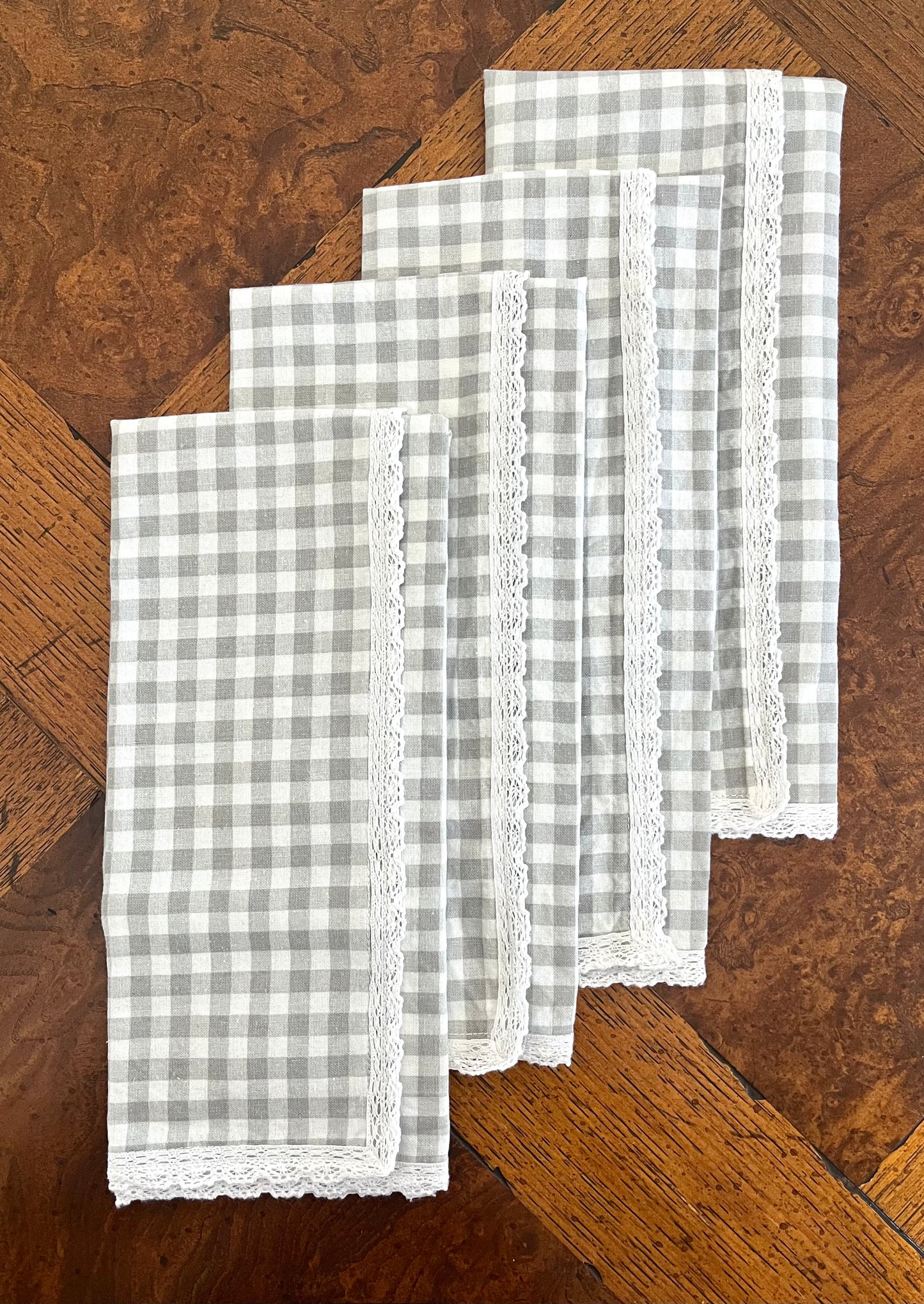 Dinner Napkins in Fog Gingham with Cotton Lace (Set of 4)