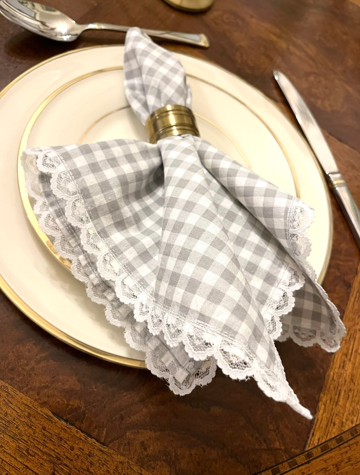 Dinner Napkins in Fog Gingham with Mesh Lace (Set of 4)