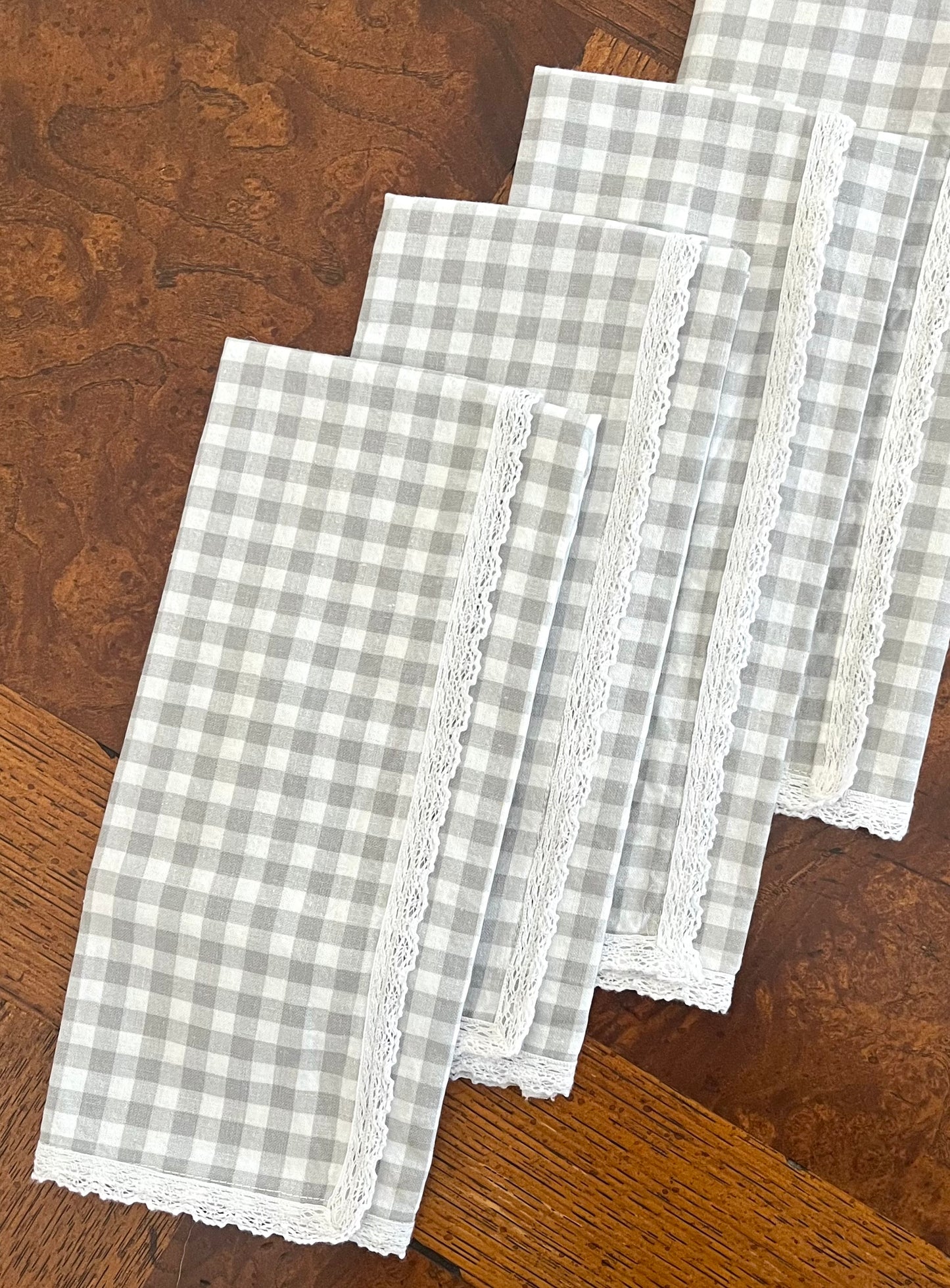 Dinner Napkins in Fog Gingham with Cotton Lace (Set of 4)