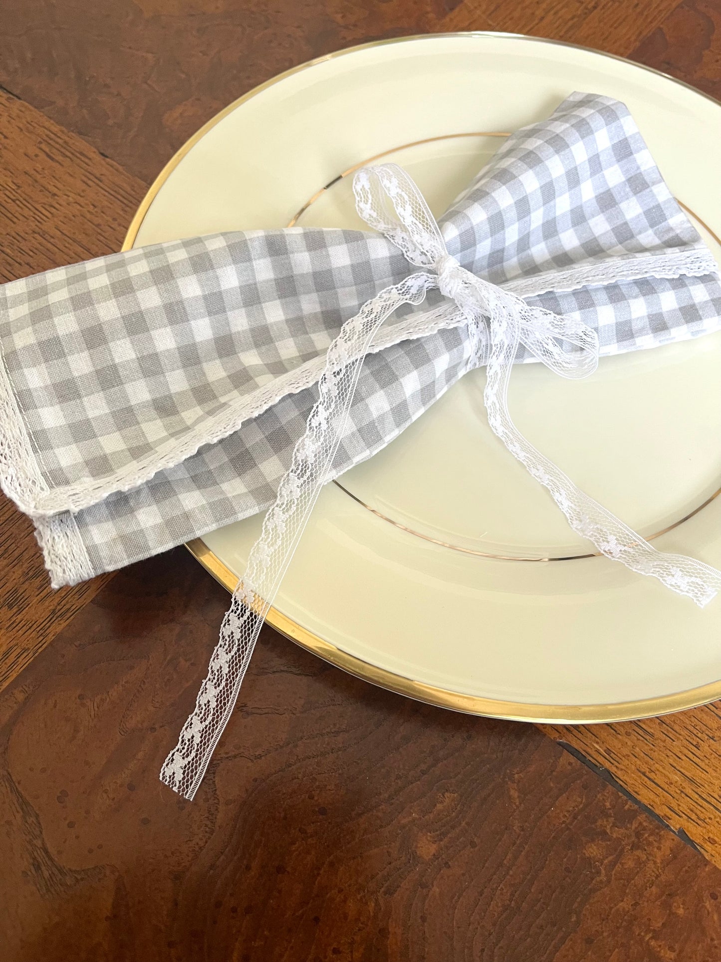 Dinner Napkins in Fog Gingham with Cotton Lace (Set of 4)