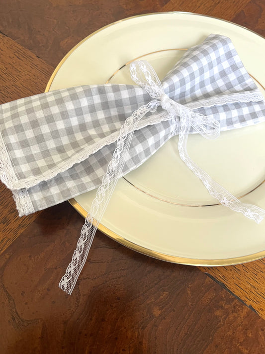 Dinner Napkins in Fog Gingham with Cotton Lace (Set of 4)